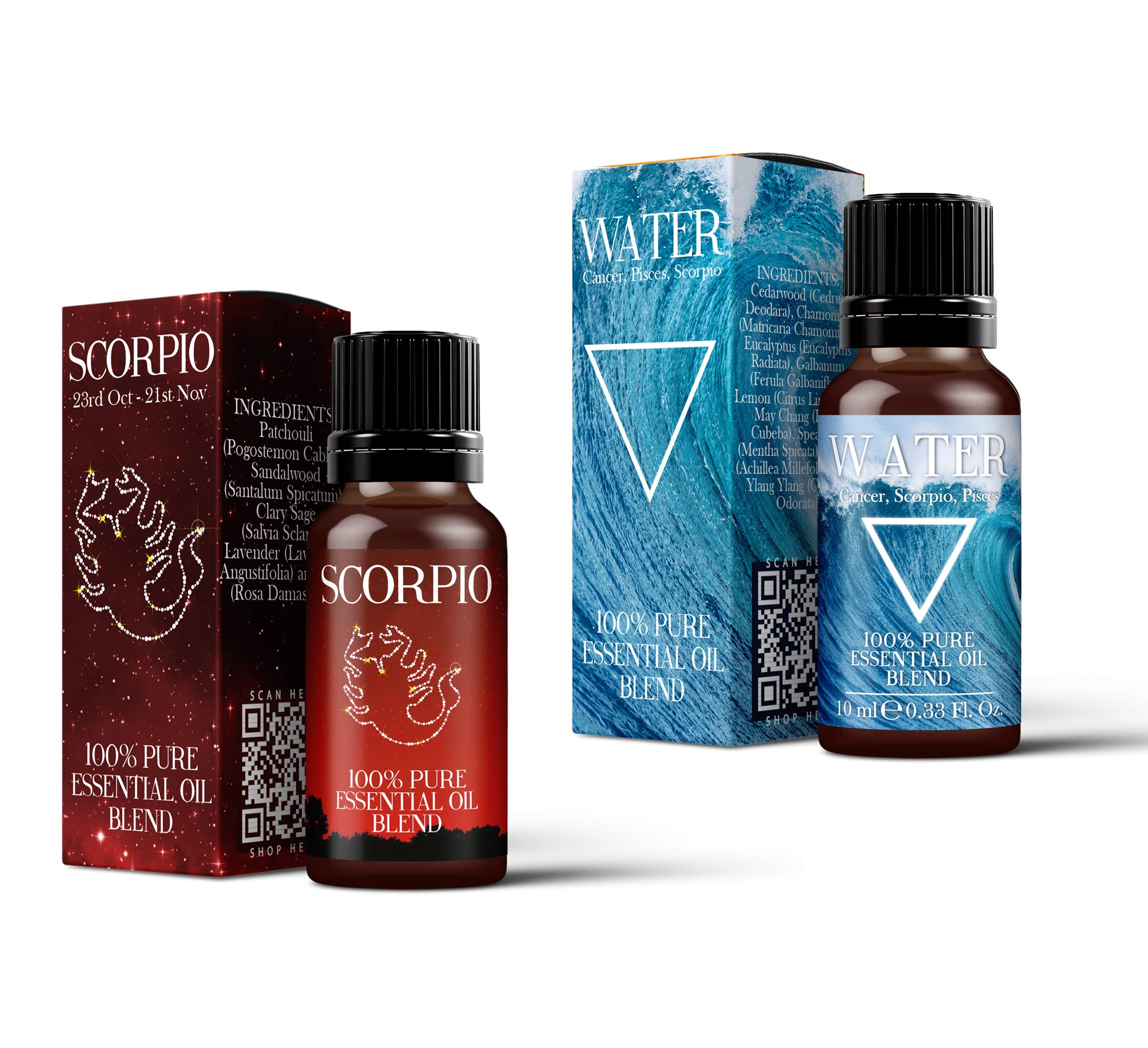 Mystix London | Water Element & Scorpio Zodiac Essential Oil Blend Twin Pack | 2×10 ml | 100% Pure & Natural | Aromatherapy for Passion & Emotional Balance | Vegan, GMO Free