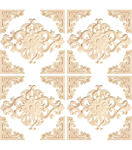 Lot De 6 Appliques Carrées En Bois Sculpté Floral 5x5cm - Décoration Meubles, Portes & Miroirs