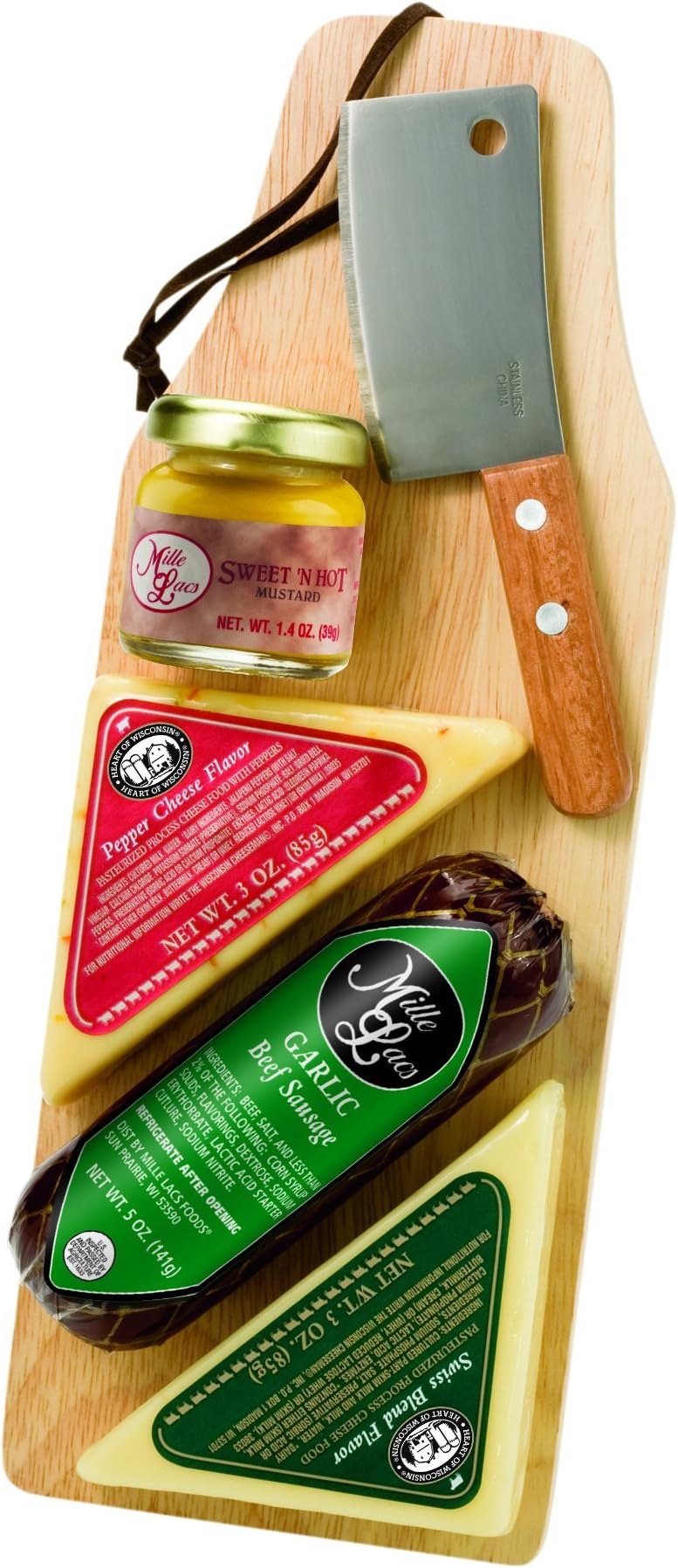 Paddle Board Cheese Sausage Mustard and Mini Cleaver with Cutting Ideal Food Pack Guy Father Bulk Party Favor Teacher Corporate Business Employee Family Best Holiday Gift Basket Idea Stocking Stuffer