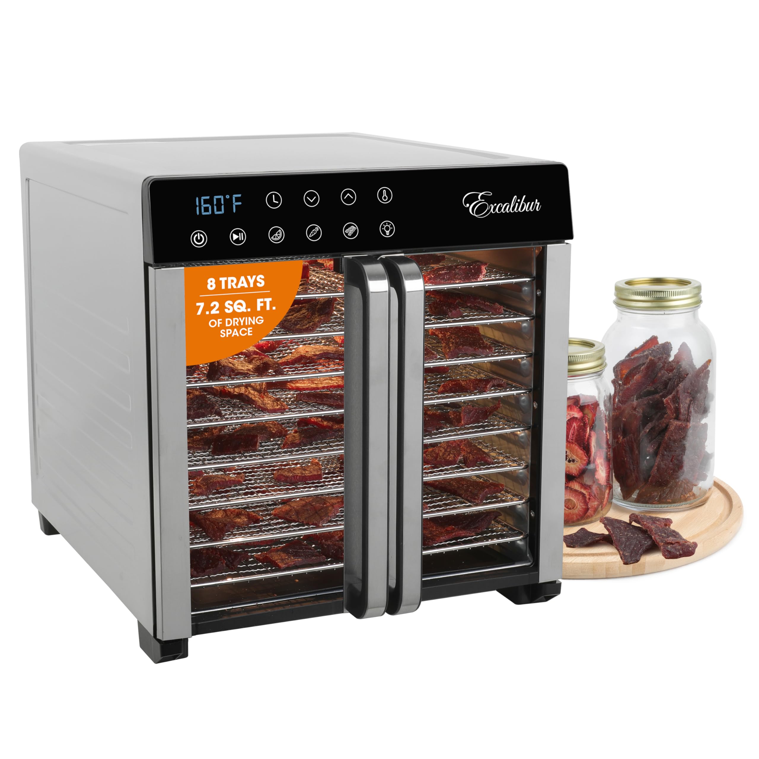 Excalibur Food Dehydrator 8-Tray for Jerky, Fruit, Vegetables, Herbs, Pet Treats, 7.2 Cu Ft Drying Space with Adjustable Temperature Control and 80 hour digital timer, 8-Tray, Stainless Steel
