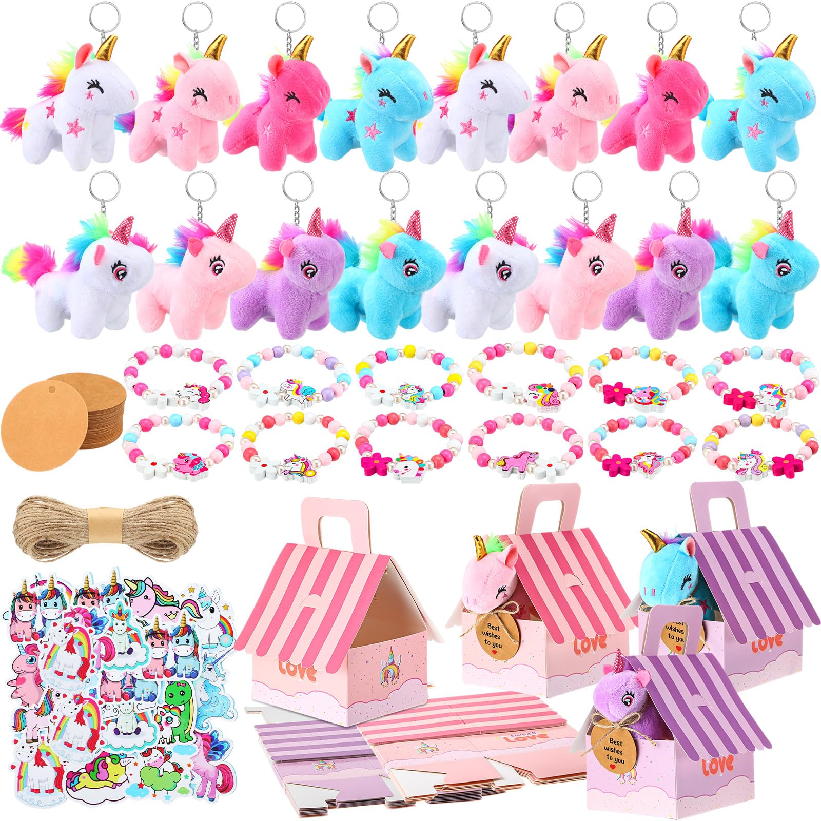 Photo 1 of Remuuly 100 Pcs 16 Sets Unicorn Party Favor Mini Unicorn Stuffed Animals Bulk Plush Keychains Bracelet Gift Box Sticker for Adopt an Animals Favors Birthday Goodie Bag Supplies Fillers Stuffers