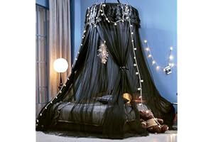 Kertnic Dreamy Bed Canopy for Girls, Princess Canopy Curtains Double Layer Sheer Mesh, Kids & Adults Canopies Netting Room Decor Tent Mosquito Net for Queen King Bed (Double Layer-Black)