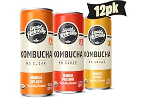 Liquid Remedy Kombucha Sugar Free Organic Drink, Low Calorie, Probiotic Like Tea for Gut Health - Tropical Trio Variety Pack- 8.5 Fl Oz Can, 12-Pack