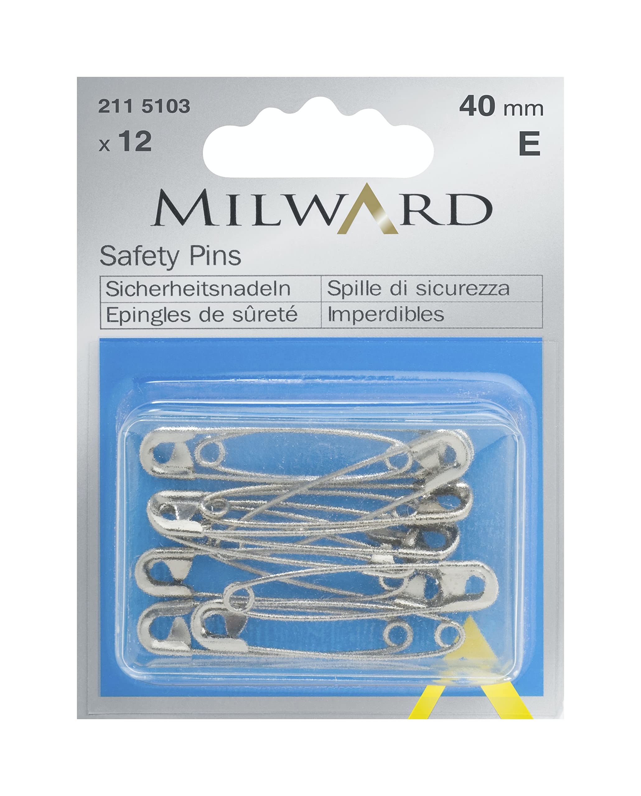 MILWARD Safety Pins, Silver, 40mm, 12 Pieces