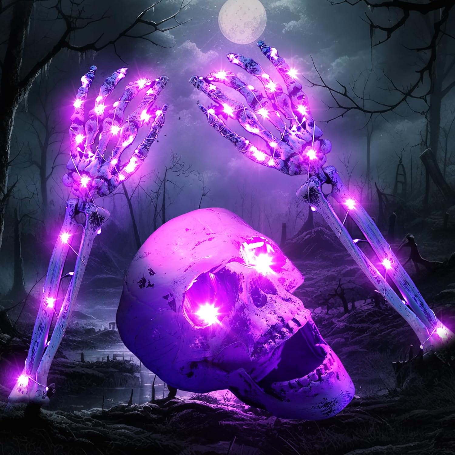 Decorative Garden Stakes - VIHOSE 3 Pack Halloween Outdoor Decorations Realistic Looking Skeleton Stakes Battery Operated Light Up Skeleton LED Skeleton Skull Hands for Halloween Indoor Outdoor Graveyard Lawn (Purple Light)