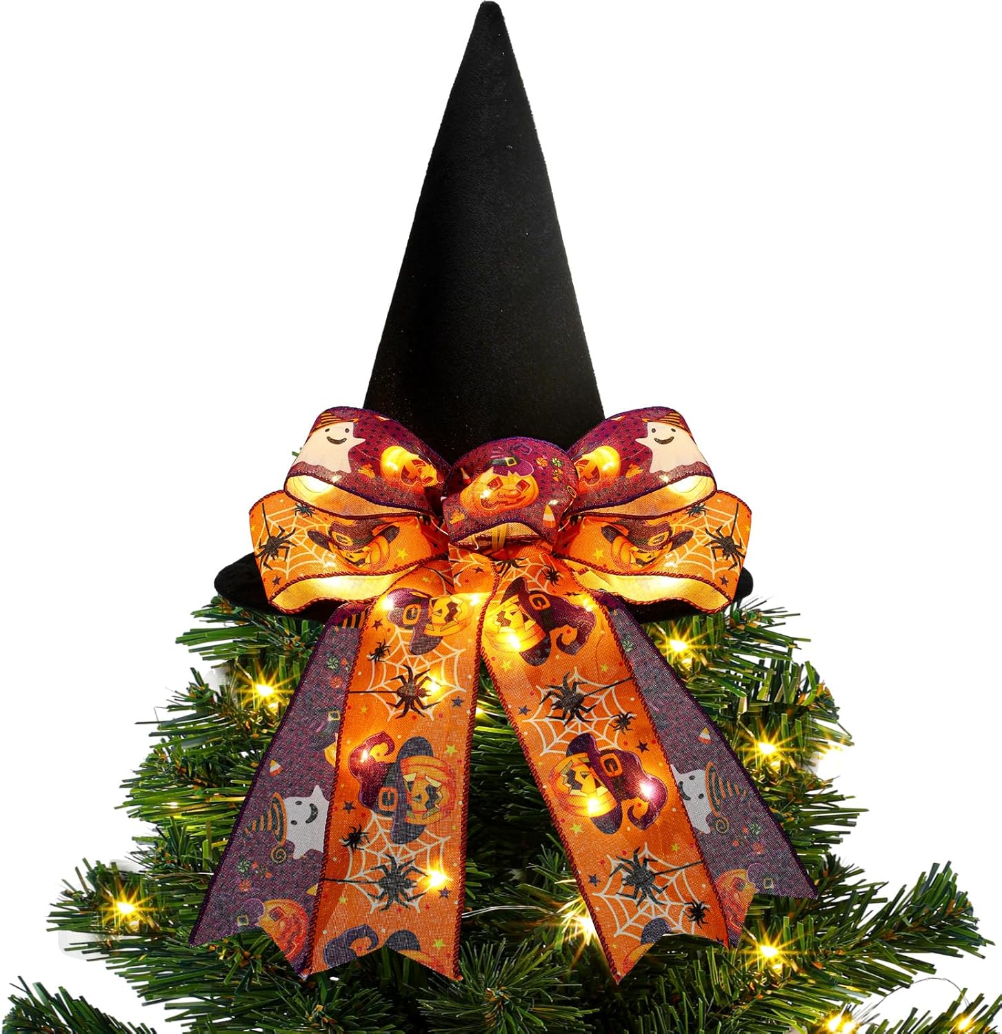 Tree Toppers - Xtinmee Halloween Witch Tree Topper Hat Led Witch Hat for Tree Large Black Velvet Hat with Bow Halloween Tree Indoor Outdoor Home Decor Halloween Party Decoration Supplies