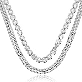 shopbyskyler Women's 18+20'' Zinc Necklace, Clustered Diamond Tennis Chain & Heart Necklace Set, Hip Hop Jewelry, Gold, Cuban Link, for Female, Gifts