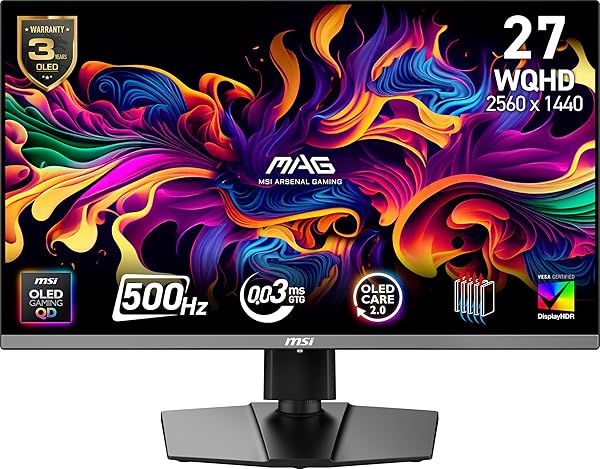 MSI, MAG 272QP QD-OLED X50, 27-INCH, WQHD, 2560X1440, GAMING MONITOR, QUANTUM DOT OLED PANEL, 500HZ, 0.03MS, DISPLAYHDR TRUE BLACK 500, HDMI 2.1, DP 1.4A, USB C (15WPD), TILT/HEIGHT ADJUSTABLE, BLACK