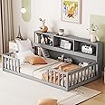 Bellemave Kids Montessori Floor Bed,Twin Size Floor Bed with Bookcase and Shelves,Twin Bed Frame with Guardrails for Kids,Girls,Boys,Twin,Gray