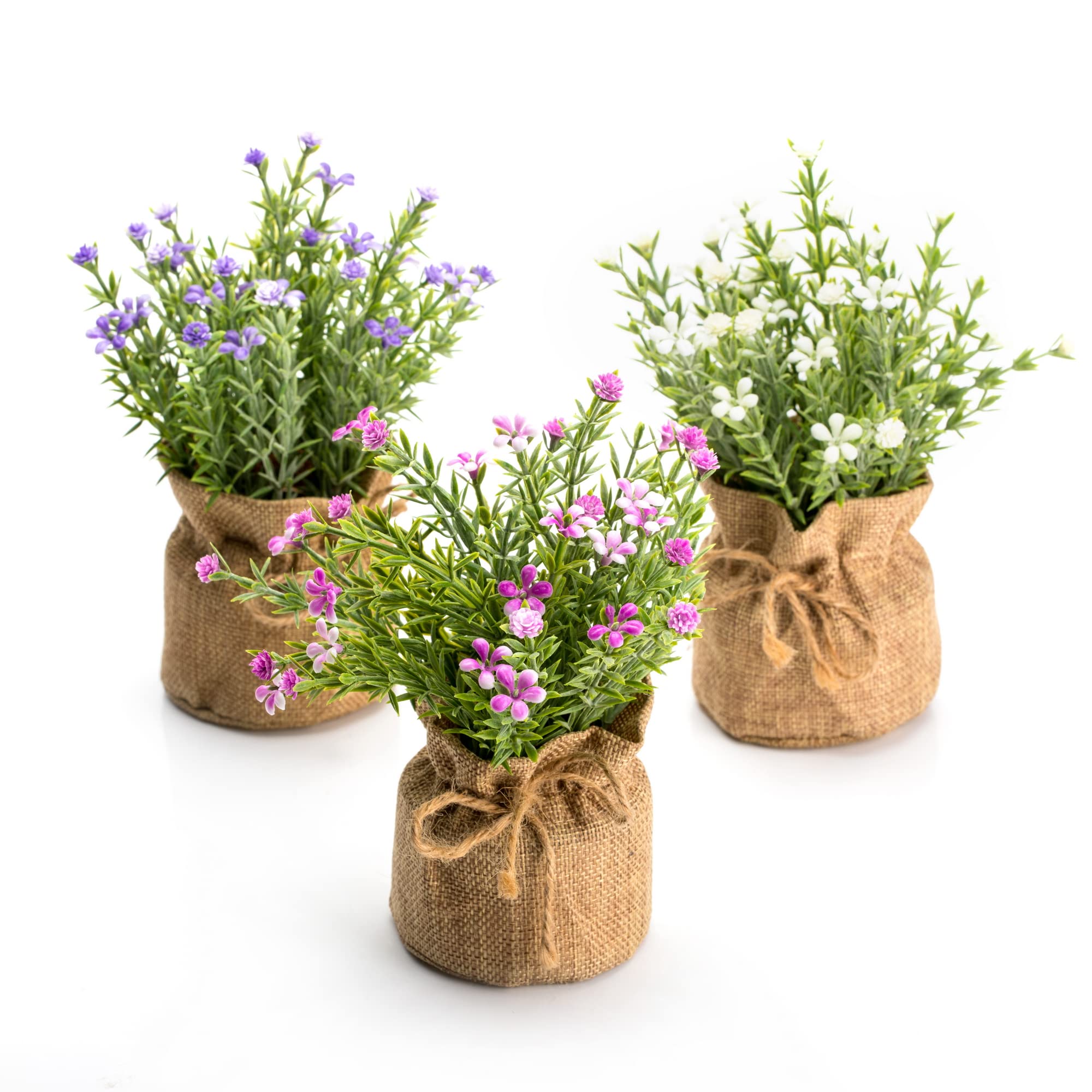 Velener Mini Artificial Baby's-Breath Flower in Linen Pot for Home Decor (3 in 1)