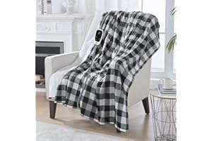 SEALY Heated Throw Blanket Electric Blanket, Plaid Sherpa Electric Throw Blanket with 6 Heating Levels & 2-10 Hours Auto Shut Off, Machine Washable, Black 50"x60"