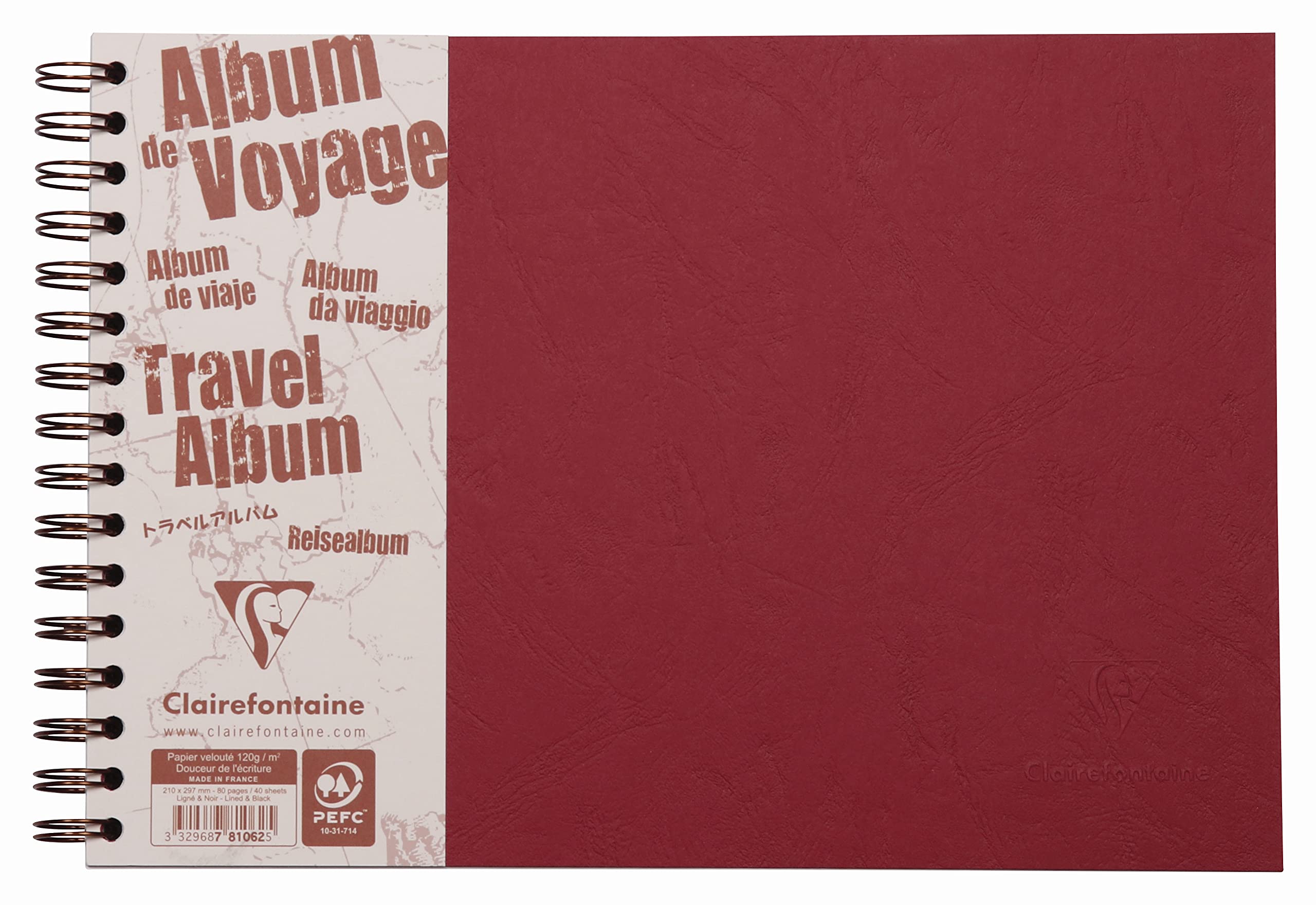 Clairefontaine 781062C Age Bag Collection Red Spiral Travel Album - A4 29,7x21cm - 80 Pages - White 120g Lined + Black Grain Paper 160g - Cover Leather Grain