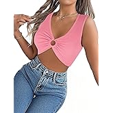 COOUFE Women's Tank Tops Sexy Deep V Neck Sleeveless Shirts Y2k Night Out Crop Top with Ring