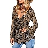 Milumia Women's Boho Paisley Mesh Peplum Top V Neck Bell Long Sleeve Western Rave Tops