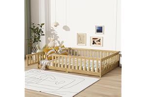 PVWIIK Full Size Floor Bed with Fence and Door,Rubber Wood Floor Bed w/Safety Guardrails/Near The Ground,Easy to Assemble & No Box Spring Needed, Natural