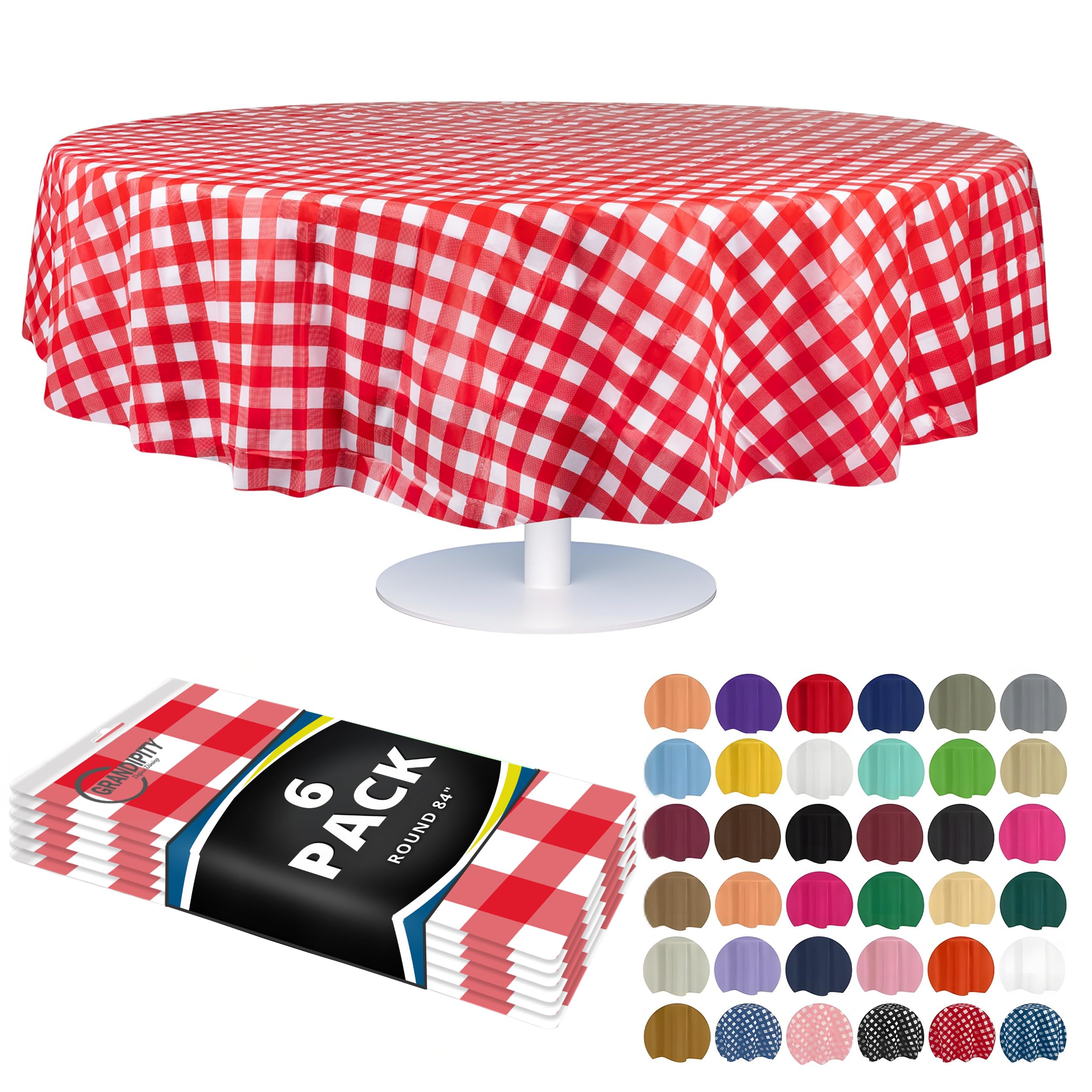 Grandipity Red Gingham Checkered Plastic Table Cloth Disposable (6 Pk) 84in Round Tablecloth Premium Party Table Cloths Disposable - Perfect Table Cloth Round Cover for Any Table Up to 6 Feet