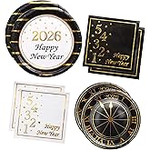 2026 New Year Plates and Napkins Party Supplies - Serves 25 - Happy New Year Eve 9 Inch and 7 Inch Plates, Napkins NY Party Decorations Favors