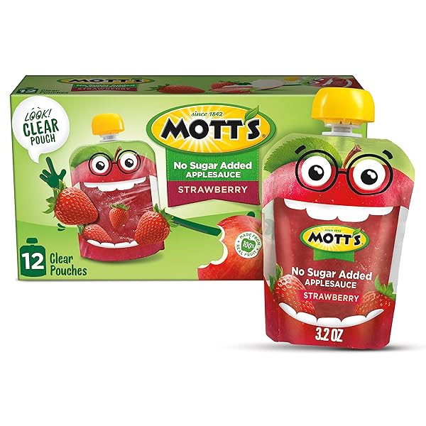 MOTT’S NO SUGAR ADDED STRAWBERRY APPLESAUCE, 3.2 OZ CLEAR POUCHES, 12 COUNT