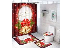 Claswcalor 4 Pcs Merry Christmas Shower Curtain Sets with Non-Slip Rugs, Toilet Lid Cover and Bath Mat, Red Bell Bow Shower Curtains with 12 Hooks for Bathroom Christmas Decoration