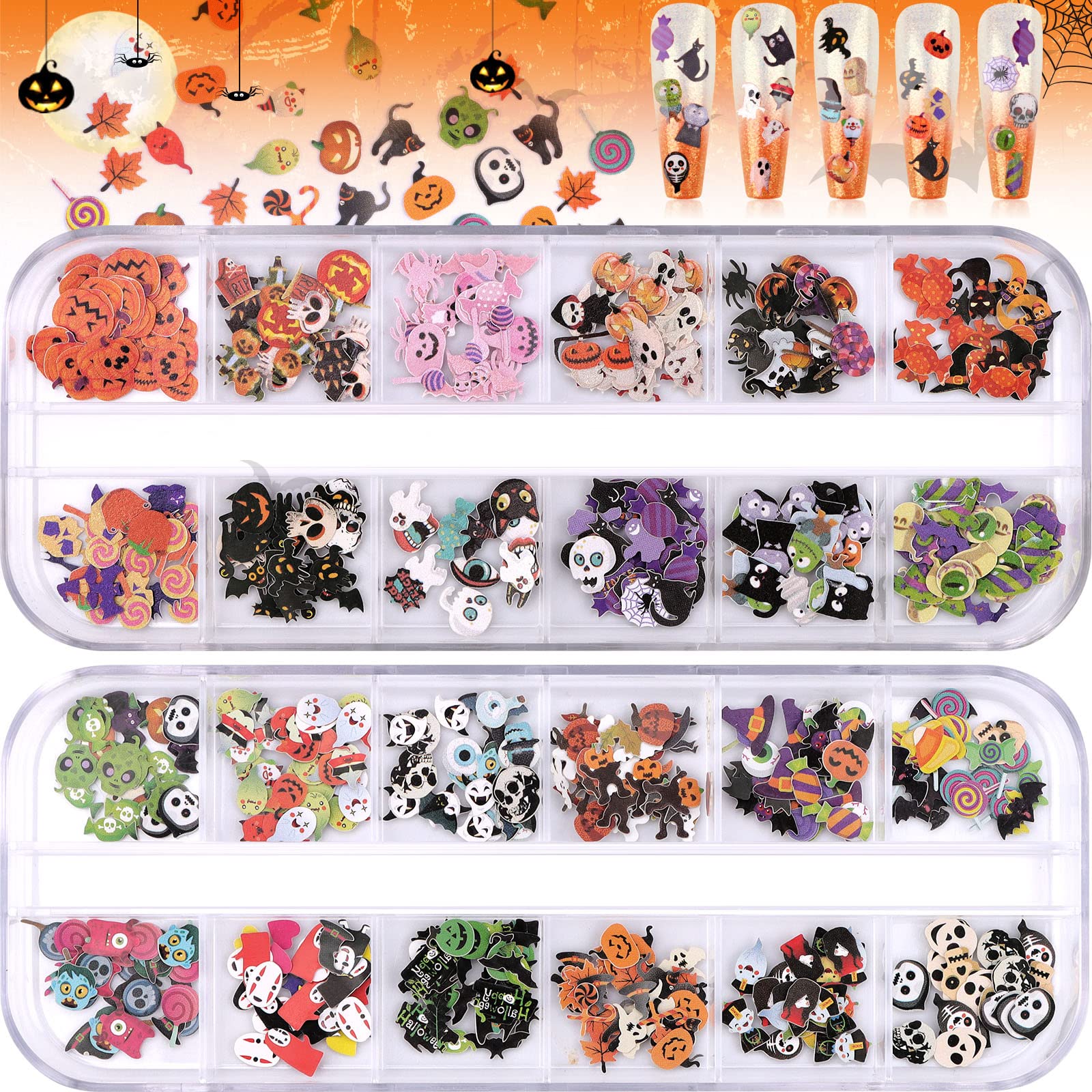 Photo 1 of **ONLY 1 CONTAINER W STICKERS*** Kalolary Halloween Nail Art Sequins, 3D Skull Spider Pumpkin Bat Ghost Witch Stickers for Acrylic Nails, Halloween Wood Pulp Glitter Flakes for Nail Art Decorations