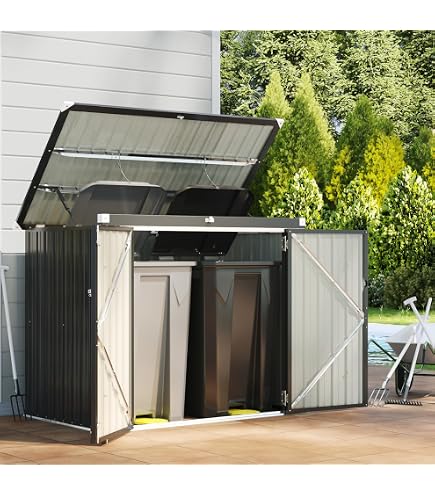 80 Cu.Ft Outdoor Trash Can Storage Box – Galvanized Steel Shed With Sloped Roof, Lock Latch For Backyard, Patio & Garden Tool Organization Trash Can Enclosure