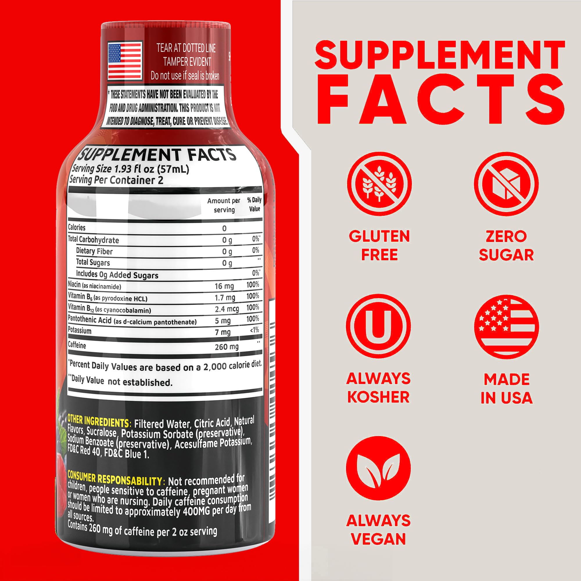 Fruit Punch Extra Strength Energy Shot 12 pk – 260mg Natural Caffeine B12 B6 – Energy & Focus Support – 2 Servings Sugar Free Zero Calorie Green Tea B-Vitamins Electrolytes Vegan – 1.93 fl oz