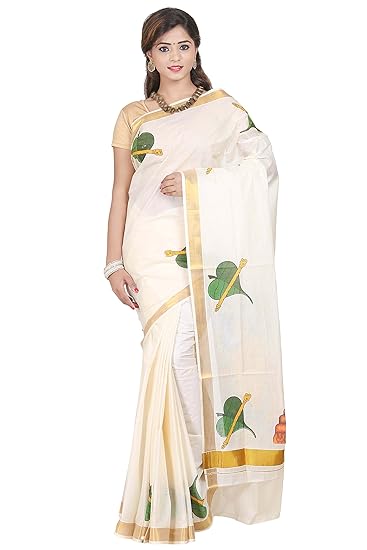cream cotton kerala kasavu Printed MURAL ART work saree with Attached Blouse