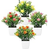 Meinature 4 Pack Small Artificial Plants with Flowers - Mini Fake Potted Plants for Home Decor Indoor, Office Desk, Bathroom, Shelf, Table Decorations
