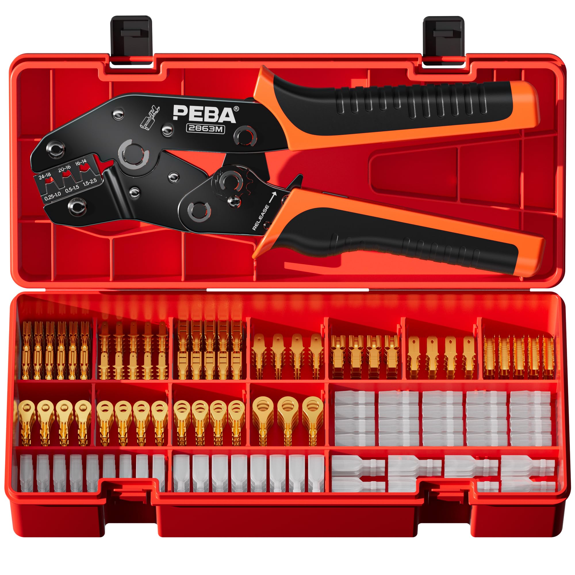 Photo 1 of PEBA Open Barrel Crimping Tool Kit - 10 Sizes Quick Splice Male and Female Wire Spade Connectors with Ratcheting Crimper AWG 24-14, Ring Terminals for Electrical Wiring Car Audio Speaker Connectors