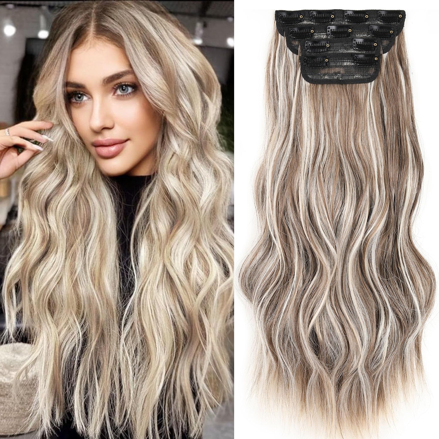 Mscat 20 Inch Curly Hair Extensions Clip in Hair Extensions Synthetic Thick Hair pieces 4PCS Full Head Set Thick Curly Wavy Synthetic Hair Extensions for Women(Brown and Blonde) — image 1