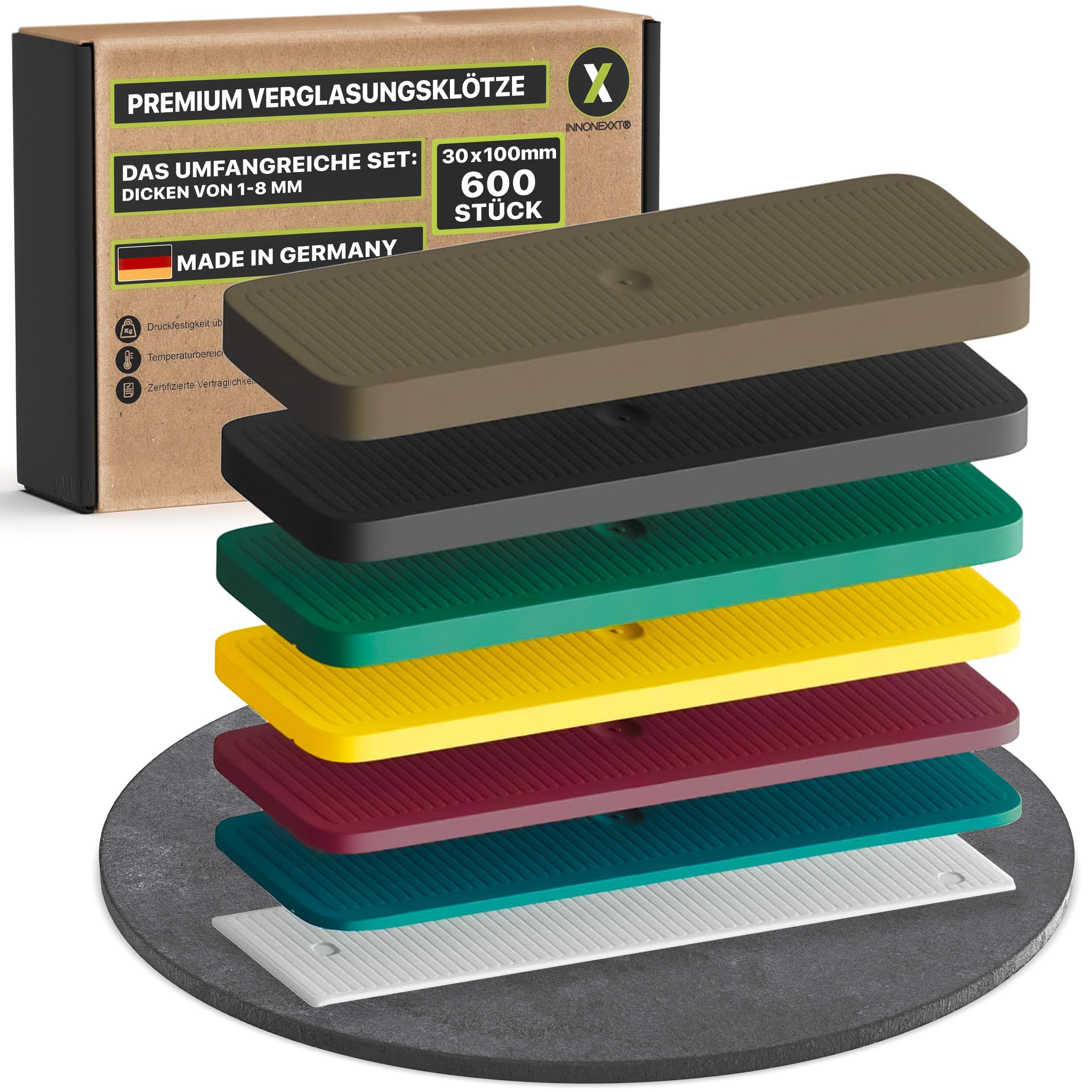 INNONEXXT Premium Plastic Packers | 30 x 100 mm, 600 Pieces | Shims, spacers, Plastic Spacer Blocks, spacers, Glazing Blocks, Packer | Made in Germany | Set: 1, 2, 3, 4, 5, 6, 8 mm