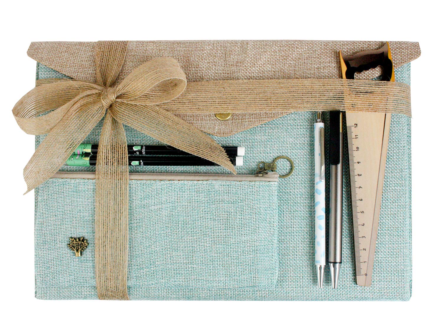 Emartbuy Document Holder Pencil Case Stationery Gift Set with Gel Pens Mechanical Pencil Eraser Ruler Packed in Ribbon for Kids Teens Office Gifting