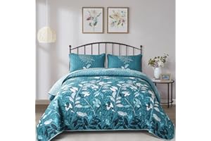 WONGS BEDDING Quilt Set King Size, 3 Pieces Teal Floral Botancal Leaves Bedspread Coverlet Set with 2 Pillowcases for All Season, Soft Microfiber Floral Bedding Set 104"×90"