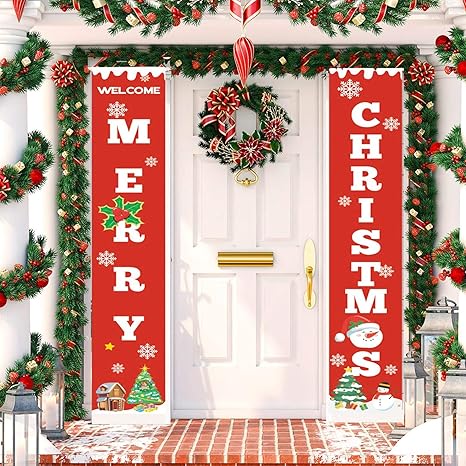 Amazon Co Jp Toplee メリークリスマスバナー 19 アップグレード メリークリスマスポーチ サイン クリスマスカップル クリスマスデコレーション 屋外屋内 クリスマスパーティー 吊り下げバナー レッド クリスマスデコレーション バナー ホームデコレーションバナー