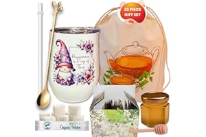 FROGGYDOG Tea and Honey Gift Set: Tea Gift Basket with 18 Tea Bags, Sugar, and Honey Jar, Tea Gift Set with Tumbler, Variety Tea Sampler for Women and Men Tea Lovers, Get Well Soon, Sympathy & Self Care Package (Gnome)