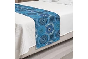 Ambesonne Blue Mandala Bed Runner, Overlapping Round in Different Vintage Ornate in Blue Shades Monochrome, Decorative Accent Bedding Scarf for Hotels Homes and Guestrooms, Queen, Aqua Blue