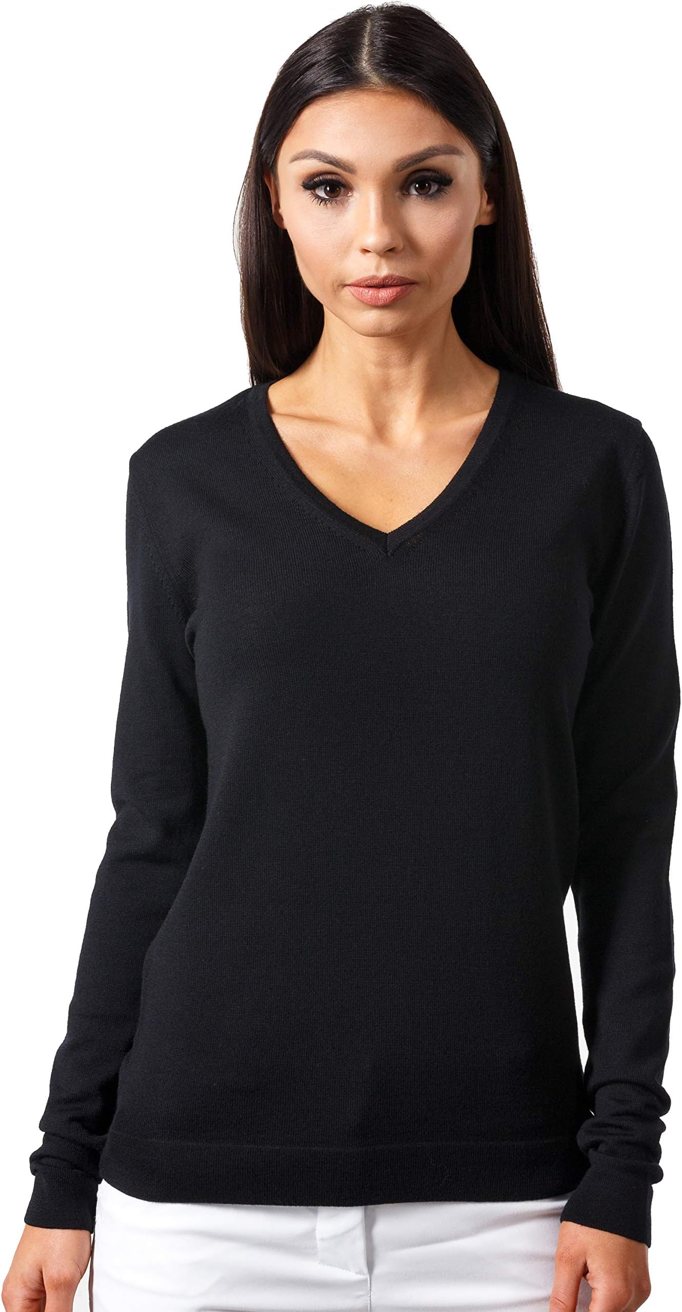 KNITTONS Women's Wool Classic Slim Fit V-Neck Sweater Pullover