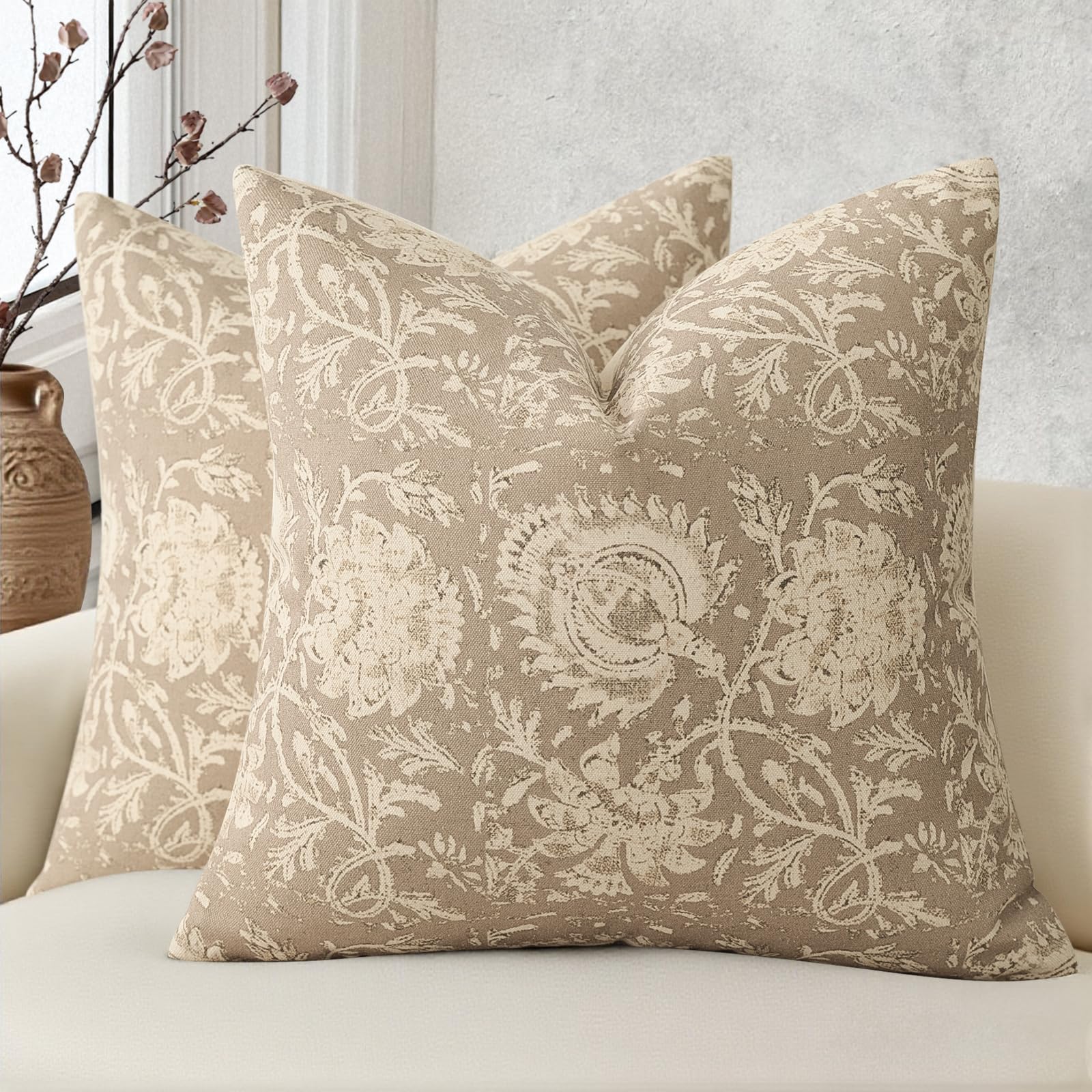 DKwizme Vintage Floral Print Throw Pillow Covers 18x18 Set of 2 Neutral Modern Farmhouse Pillowcases Accent Decorative Cushion Covers Boho Home Decor for Couch Sofa Chair Bed Living Room, Latte