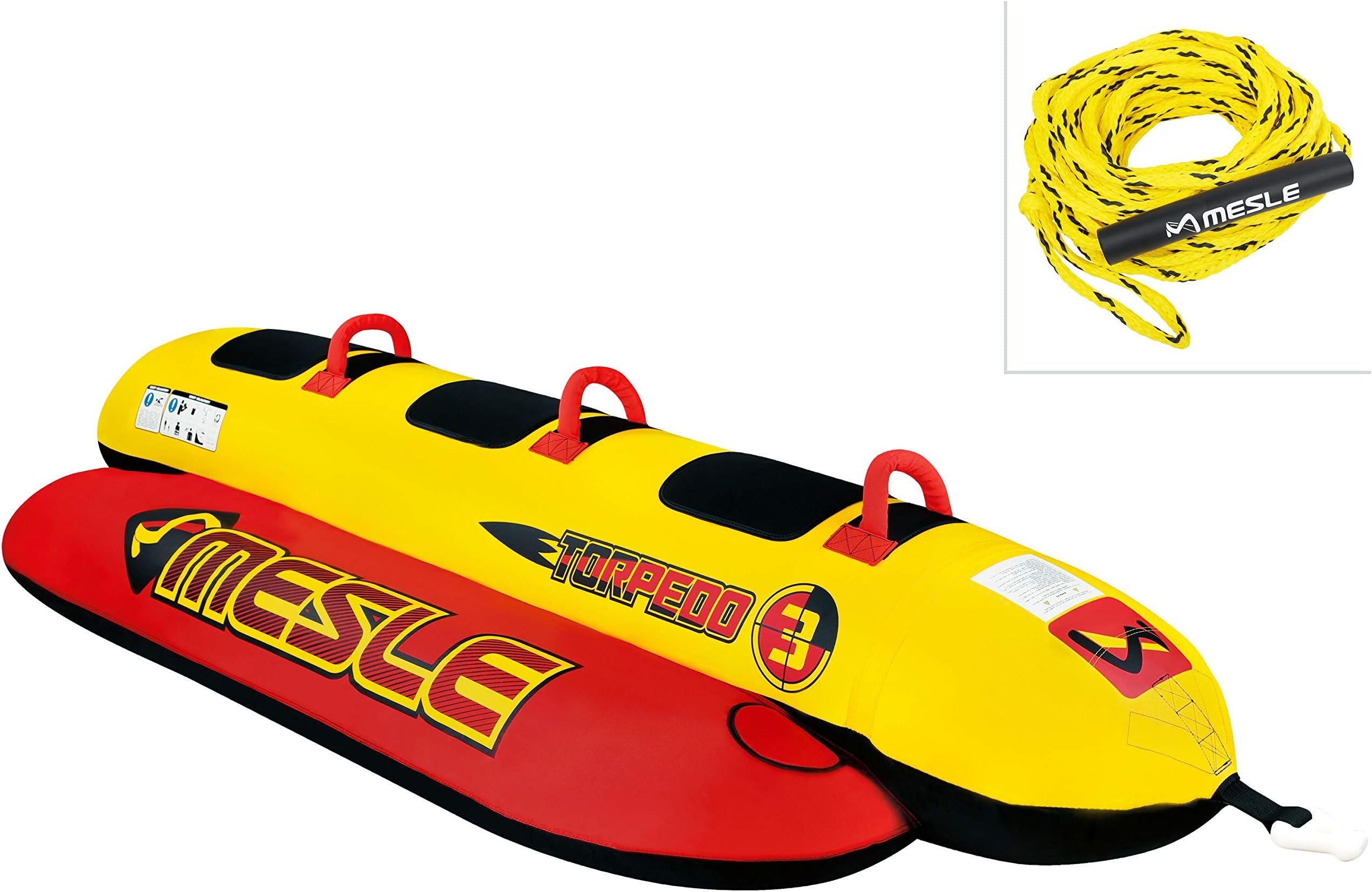 MESLE Skibob Set Torpedo 3, incl. Towrope, 3 Person Fun-Tube, Towable-Tube, red yellow, incl. Repair Set, Banana-Boat for Children and Adults, 840 D Nylon, Quick-Connect-Towing-Device