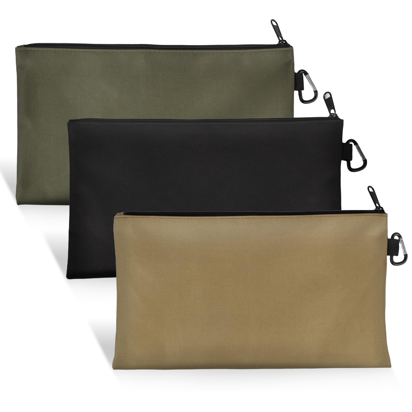 Photo 1 of Versatile Tool Bag Organizer – 3-Pack Zipper Pouches bag with metal carabiner, Ideal Tool Pouch for Mechanics, Electricians, and DIY Enthusiasts??3 Color Pack,Tan, Navy Green, Black?