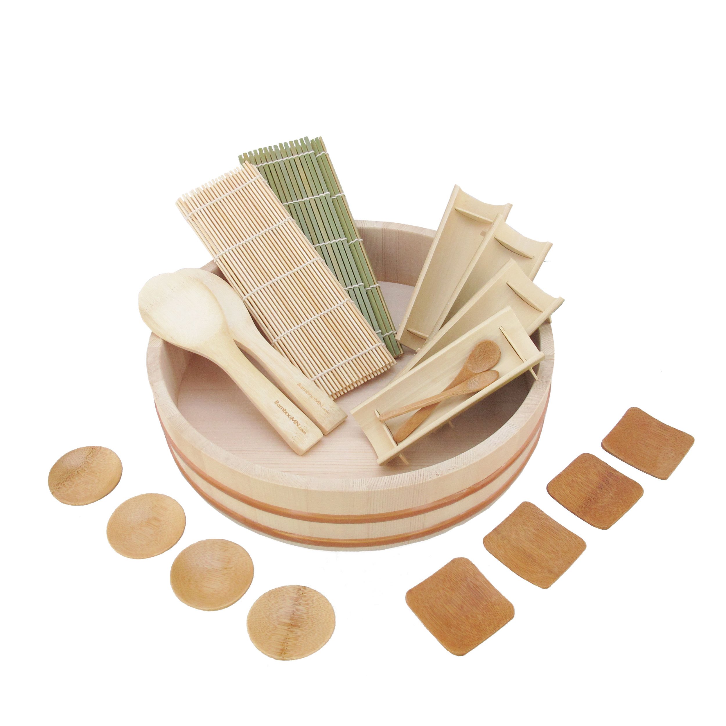 BambooMN 13" Hangiri Oke Sushi Rice Cooling Bowl/Tub with 19 Pieces Sushi Making Serving Accessory Kit - Large