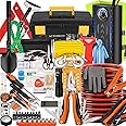 AUTODECO 98 PCS Roadside Car Emergency Assistance Kit with Portable Air Compressor Jumper Cables Safety Hammer All in One Pliers Tool Set（Orange）