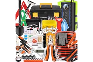 AUTODECO 98 PCS Roadside Car Emergency Assistance Kit with Portable Air Compressor Jumper Cables Safety Hammer All in One Pliers Tool Set（Orange）