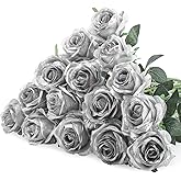Hotop 20 Pcs Artificial Rose Flowers with Long Stem,Real Touch Silk Realistic Plastic Bouquet Roses Bulk for Home Decor Bridal Wedding Party Table Centerpieces Decorations (Silver)