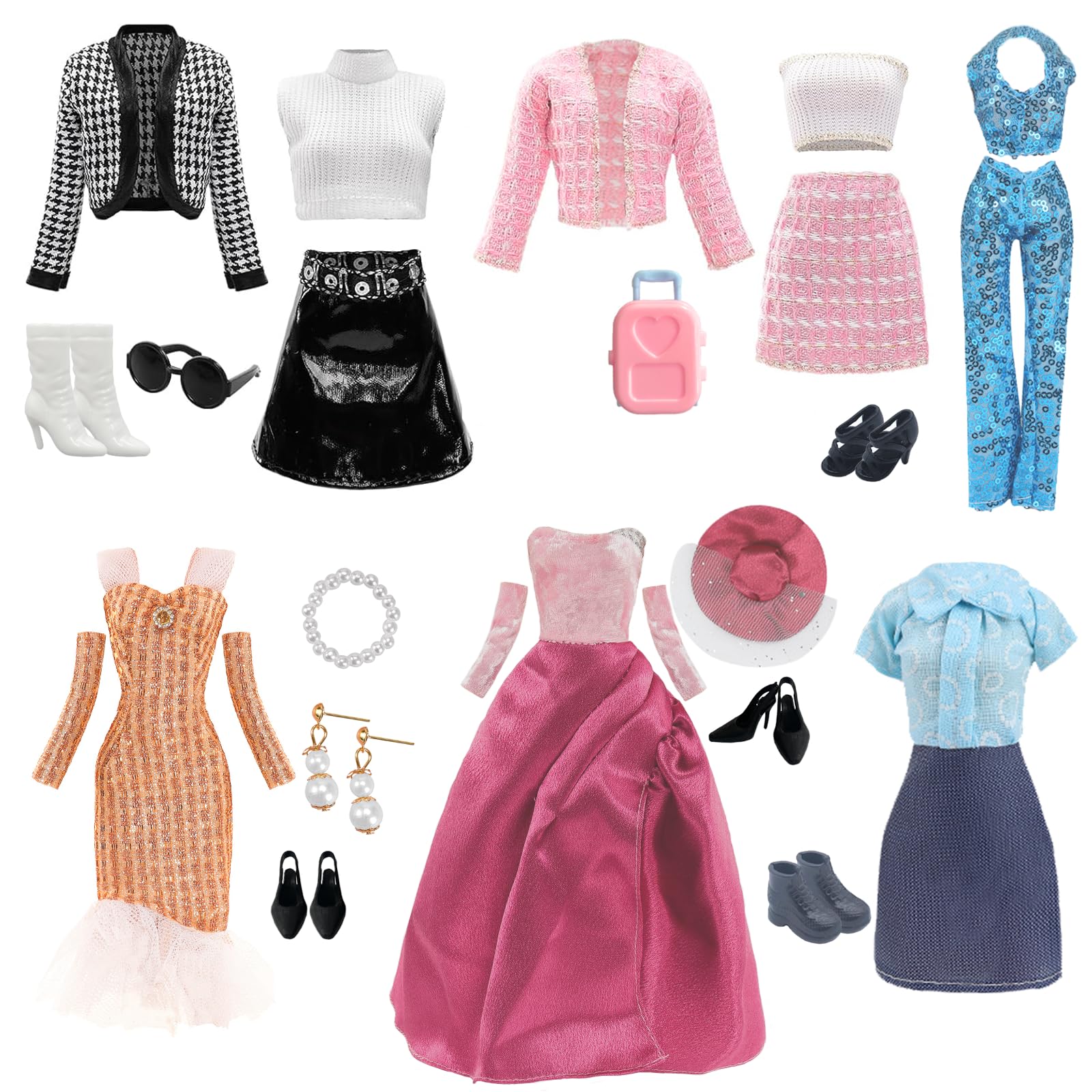 Doll Clothes Compatible with Barbie Clothes, Including 6 Fashion Clothes Set, 1 Pair of Earrings, 1 Necklaces, 1 Suitcases, 1 Glasses, 6 Pairs of Shoes for 11.5 inch Dolls on Christmas Holiday