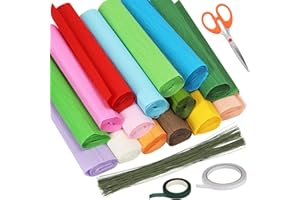 Swpeet 118Pcs 15Colors 9.8 x 98 Inch Crepe Paper Sheets Rolls with Floral Stem Wire, Floral Tape, Double-Sided Tape and Sciss