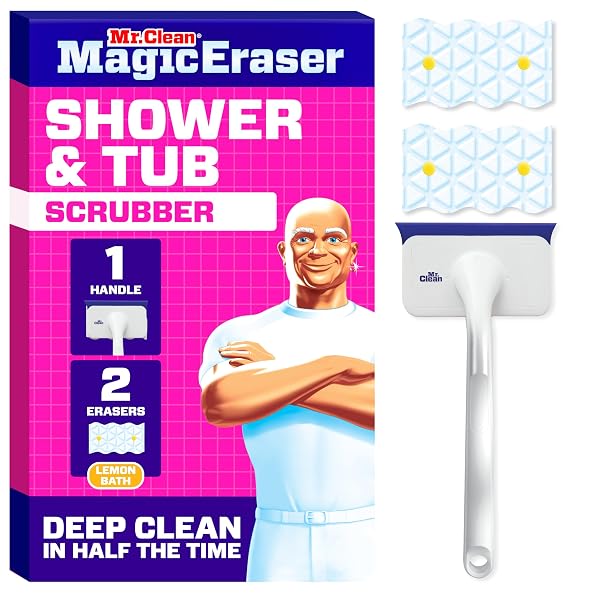 MR. CLEAN MAGIC ERASER SHOWER & TUB SCRUBBER, BATHROOM CLEANER, ALL IN ONE BATHROOM CLEANER, LEMON STARTER KIT, 1 SCRUBBER & 2 FOAMING MAGIC ERASERS