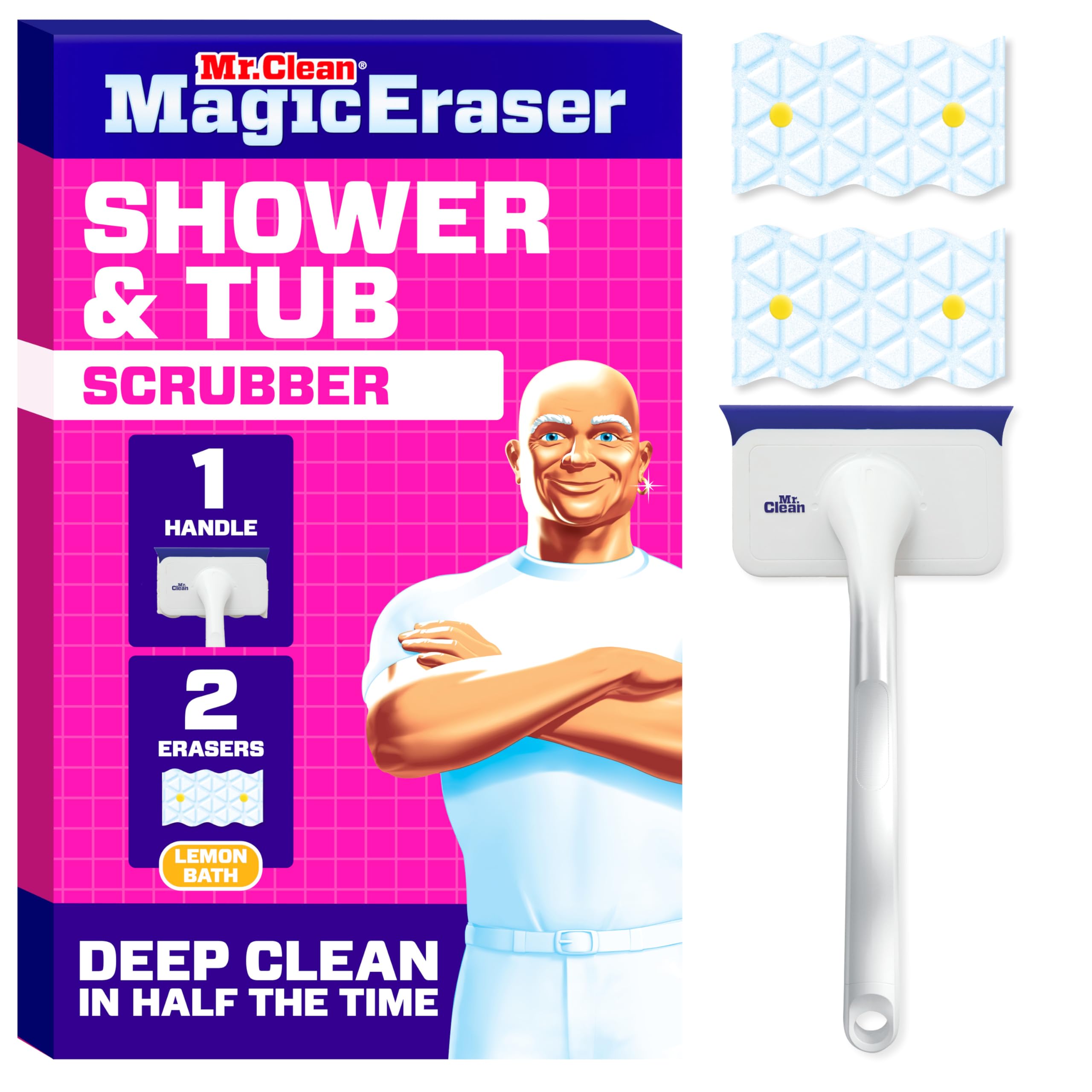 Photo 1 of ***Missing Accessories*** Mr. Clean Magic Eraser Shower & Tub Scrubber, Bathroom Cleaner, All in One Bathroom Cleaner, Lemon Starter Kit, 1 Scrubber & 2 Foaming Magic Erasers