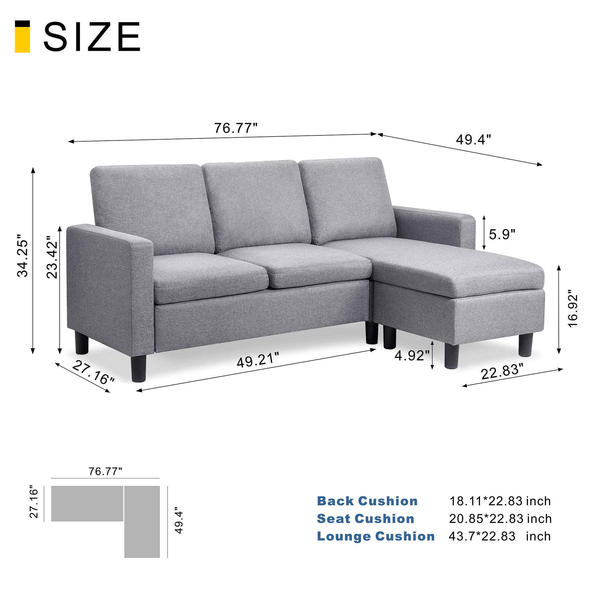 Walsunny Convertible Sectional Sofa Couch with Reversible Chaise, L