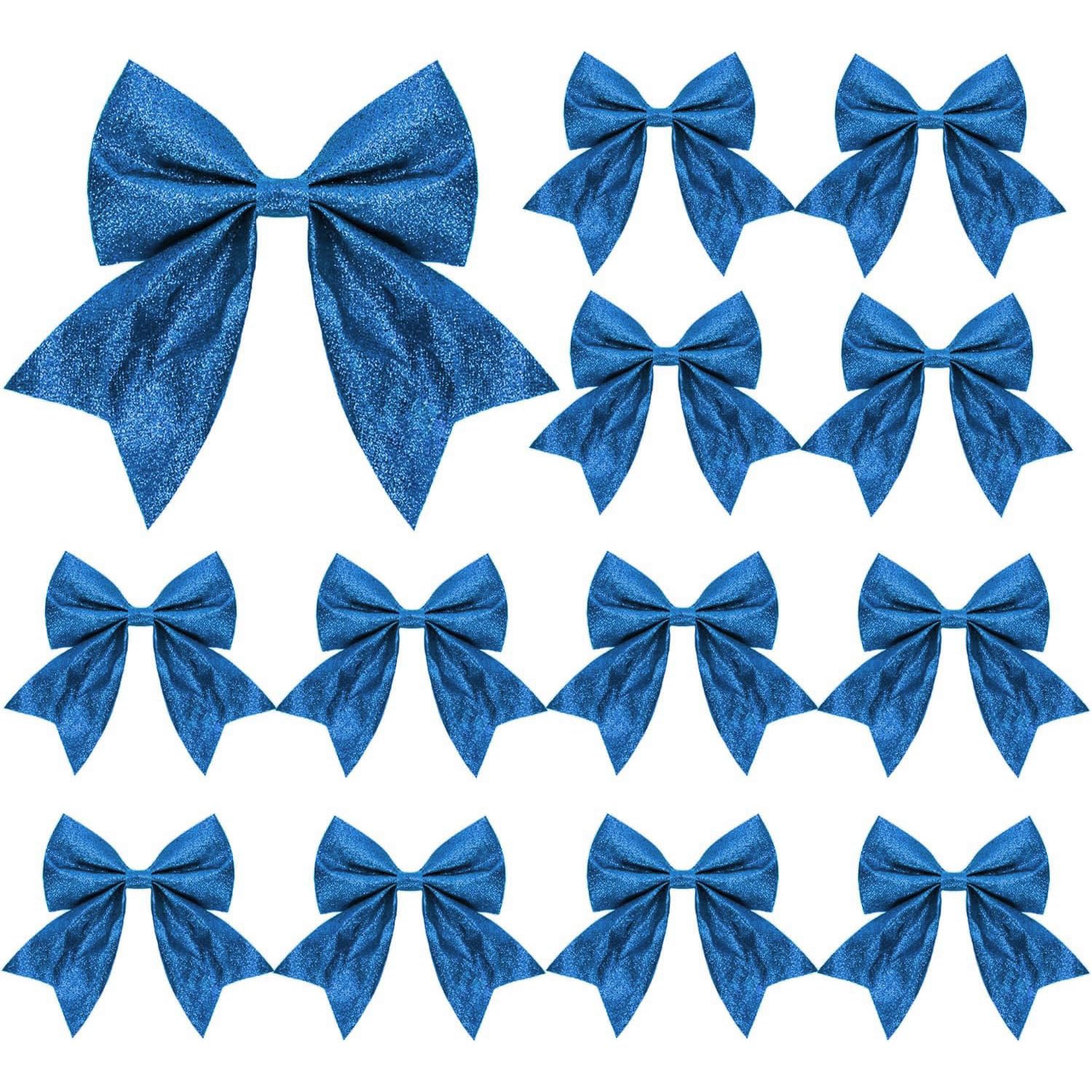 12Pcs Blue Glitter Bows with Twist Tie - 5.9Inch Decorative Bow Ornaments for Xmas Tree Decorations Wreath Garland DIY Craft Wrapping Home Decor Party Supplies